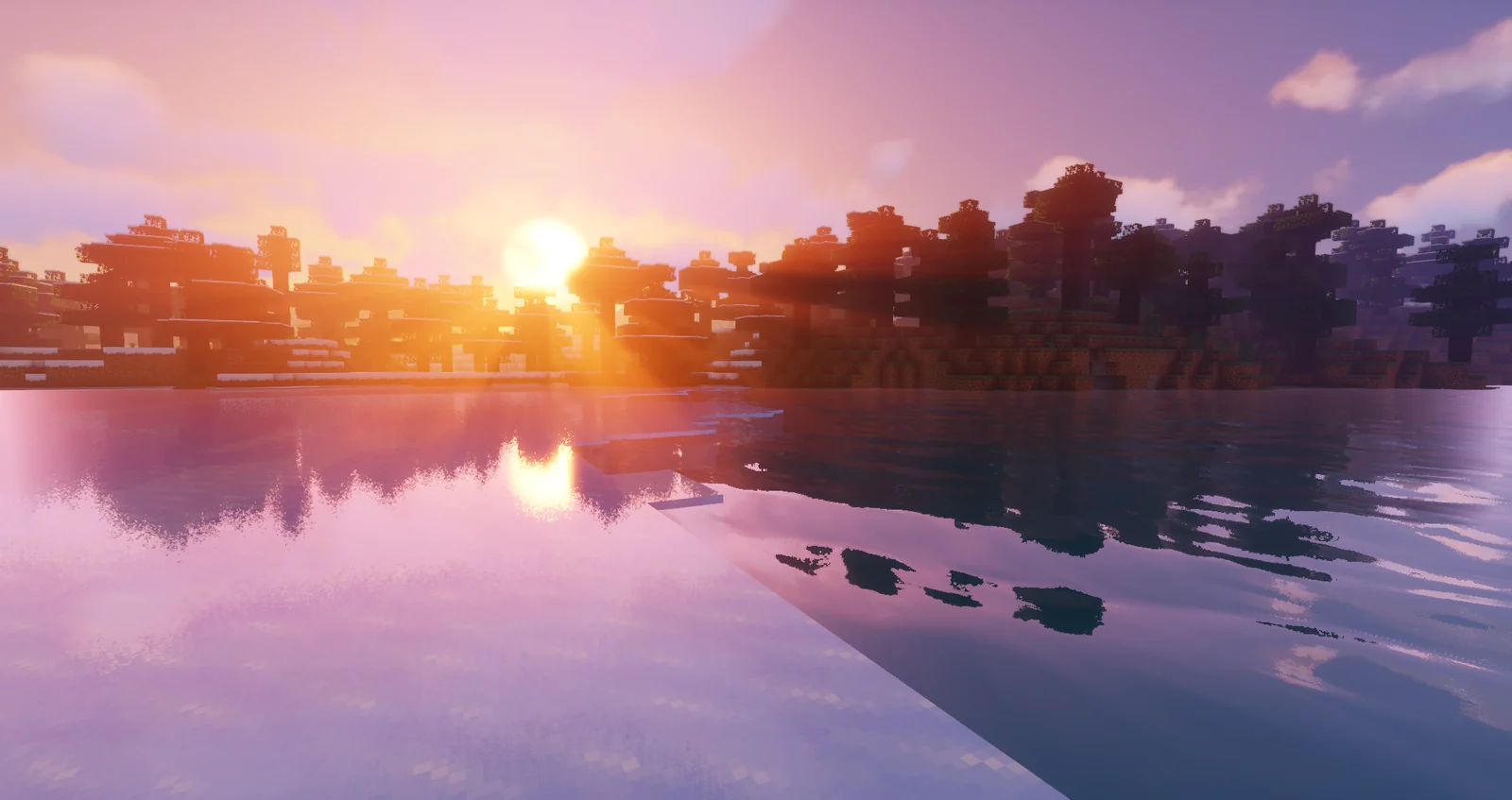 Minecraft landscape with warm sunlight, reflective water, vivid trees, and clouds rendered with shaders